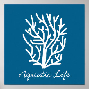 White coral on blue aquatic life poster