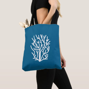 White coral on blue aquatic life tote bag