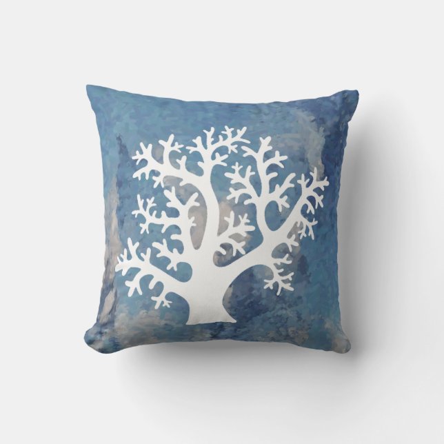 White Coral on Blue Cushion (Front)