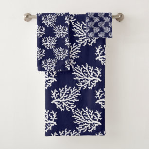 White corals on a navy blue background bath towel set