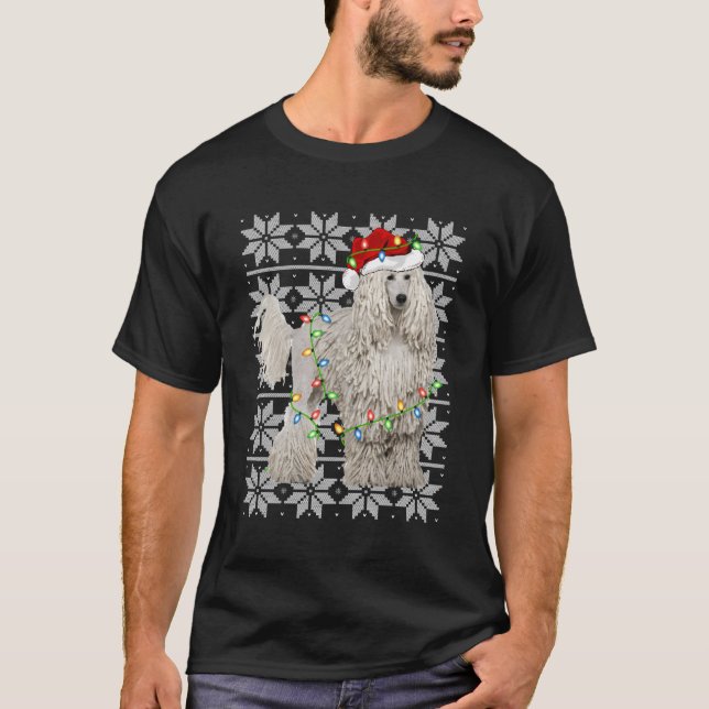 White Corded Dog Christmas Lights Santa Hat Dog Ug T-Shirt (Front)