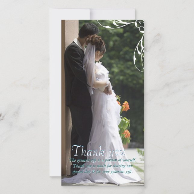 White Corner Swirl Wedding Thank You Photo Cards (Front)