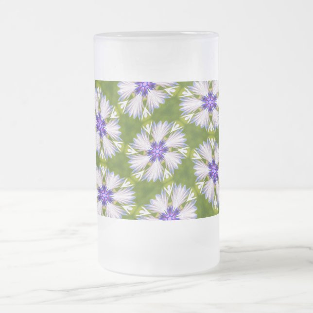 White Cornflowers Pattern Frosted Glass Beer Mug (Center)