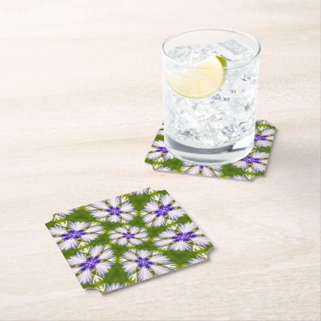 White Cornflowers Pattern Paper Coaster (Insitu)