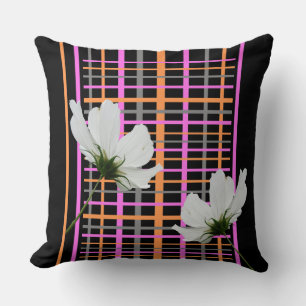 White Cosmea Chequered Pattern Throw Pillow