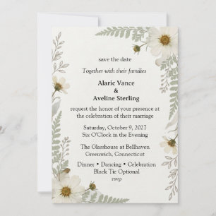 White Cosmos, Delicate Ferns, Watercolor Foliage,  Invitation