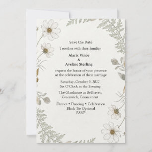 White Cosmos, Delicate Ferns, Watercolor Foliage,  Invitation