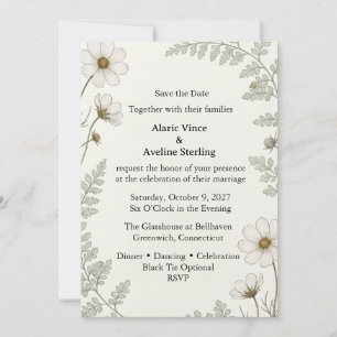 White Cosmos, Delicate Ferns, Watercolor Foliage,  Invitation