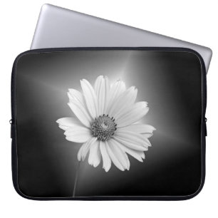 White Cosmos Flower on Black Laptop Sleeve