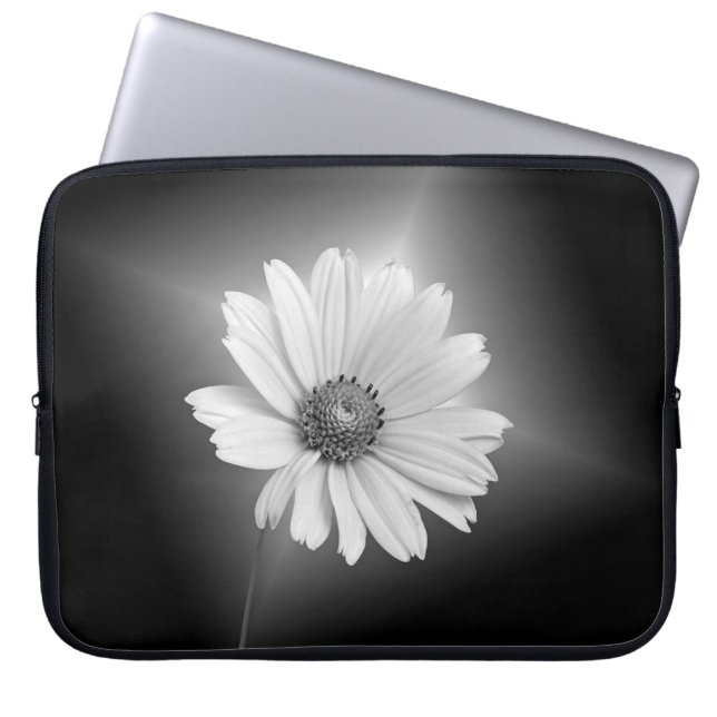 White Cosmos Flower on Black Laptop Sleeve (Front)