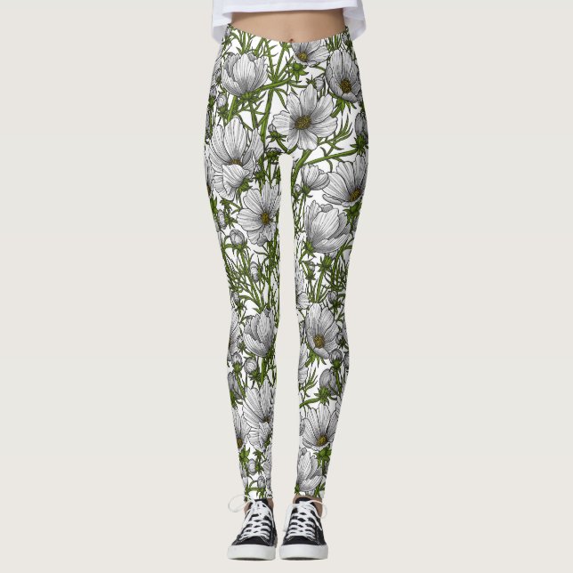 White cosmos flowers leggings (Front)