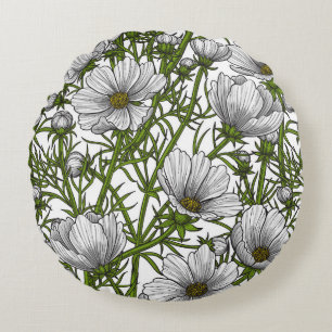 White cosmos flowers round cushion