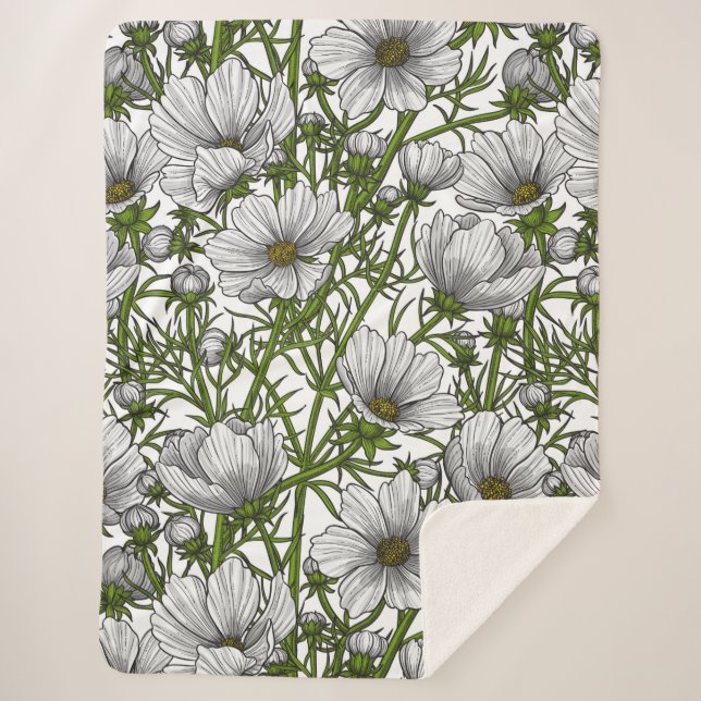 White cosmos flowers sherpa blanket (Front)