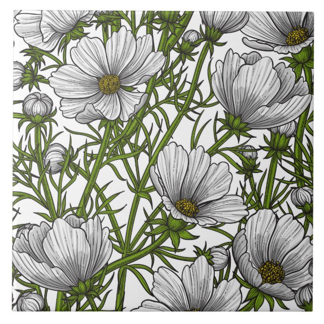 White cosmos flowers tile (Front)