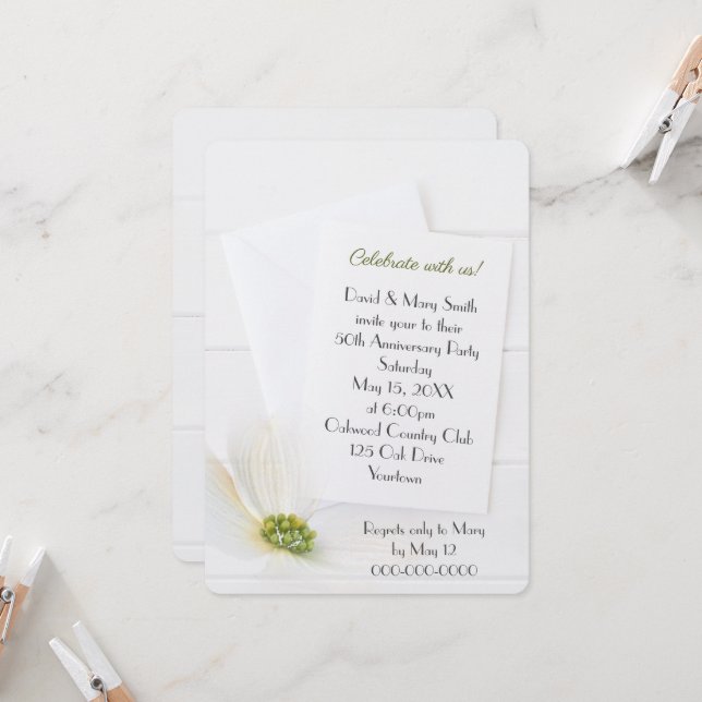 White Cosmos On Wood 50th Anniversary Party Invitation (Front/Back In Situ)