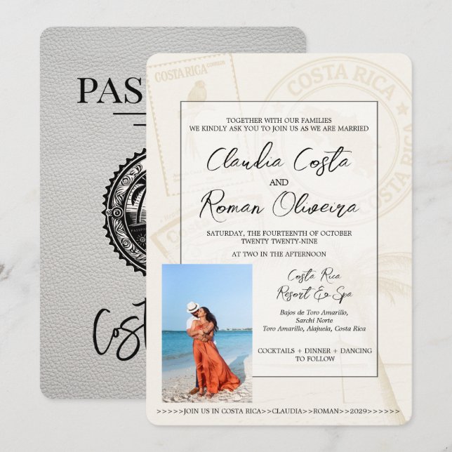 White Costa Rica Passport Wedding Invitation (Front/Back)