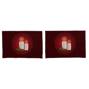 White Cosy Christmas Candles On Red With Holly Pillowcase
