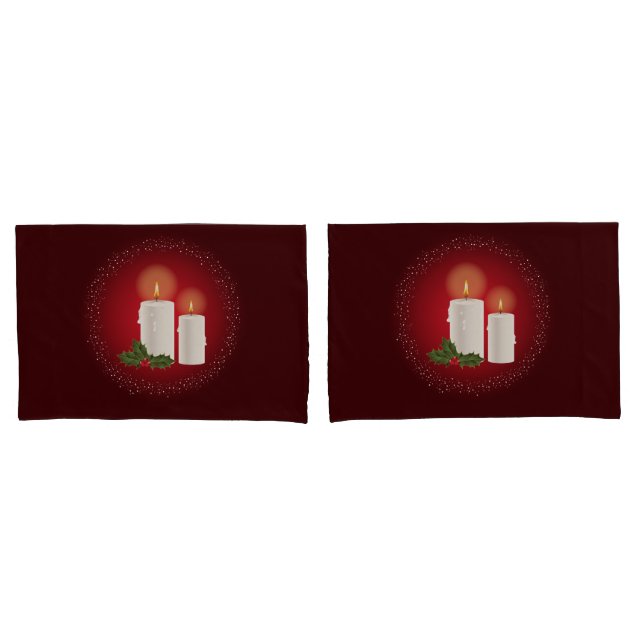White Cosy Christmas Candles On Red With Holly Pillowcase (Front-Set)