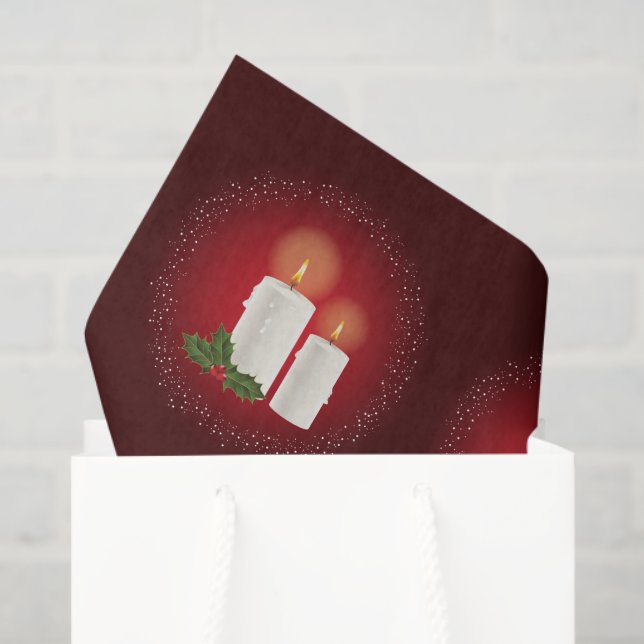 White Cosy Christmas Candles On Red With Holly Tissue Paper (Gift Bag)