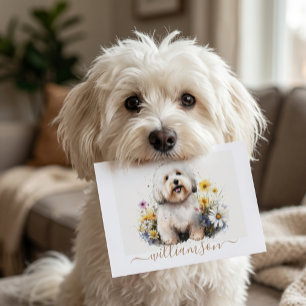 White Coton de Tulear Puppy with Flowers  & Name Note Card