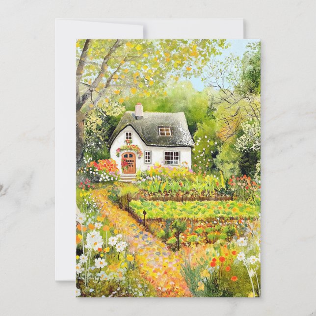 White Cottage in Summer Hello Flat Card (Front)