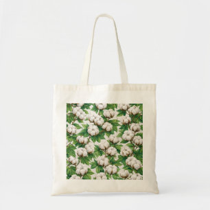 White Cotton Boll Botanical Pattern Tote Bag