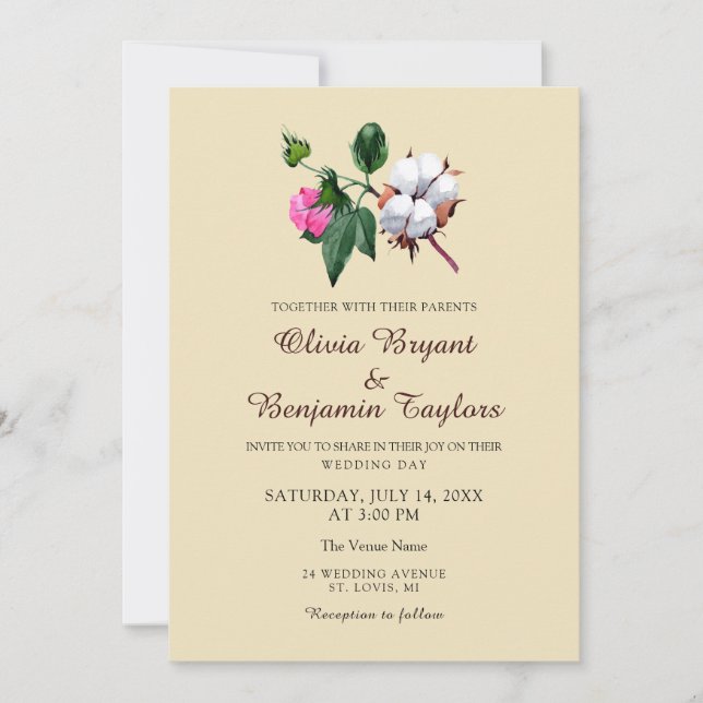White cotton boll. Rustic floral summer Wedding Invitation (Front)