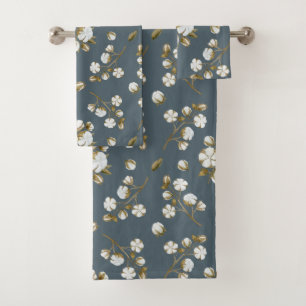 White Cotton Boll Stem Watercolour Pattern Gray Bath Towel Set