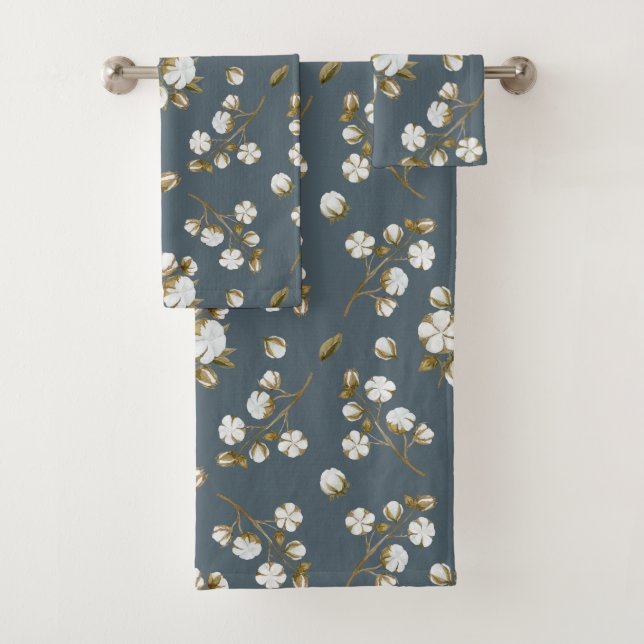 White Cotton Boll Stem Watercolour Pattern Gray Bath Towel Set (Insitu)