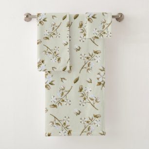White Cotton Boll Stem Watercolour Sea Foam Green Bath Towel Set
