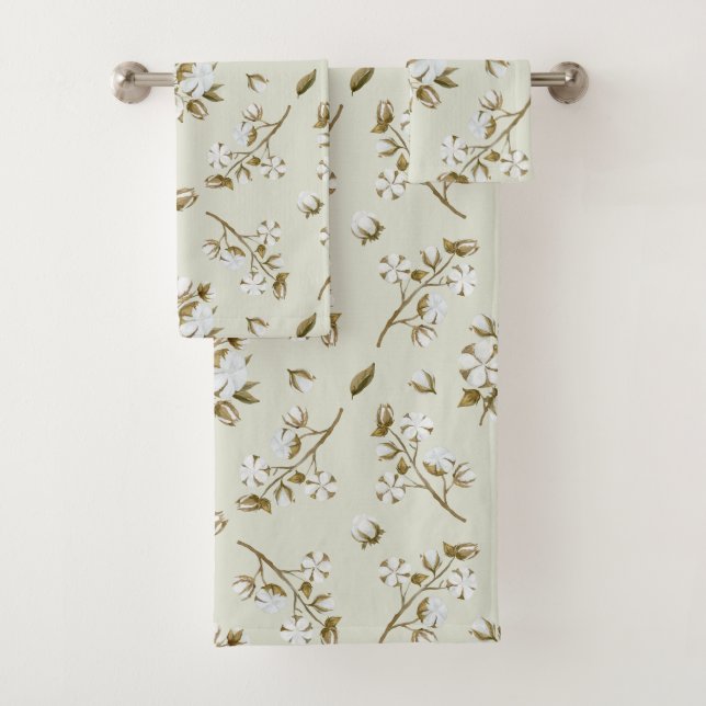 White Cotton Boll Stem Watercolour Sea Foam Green Bath Towel Set (Insitu)