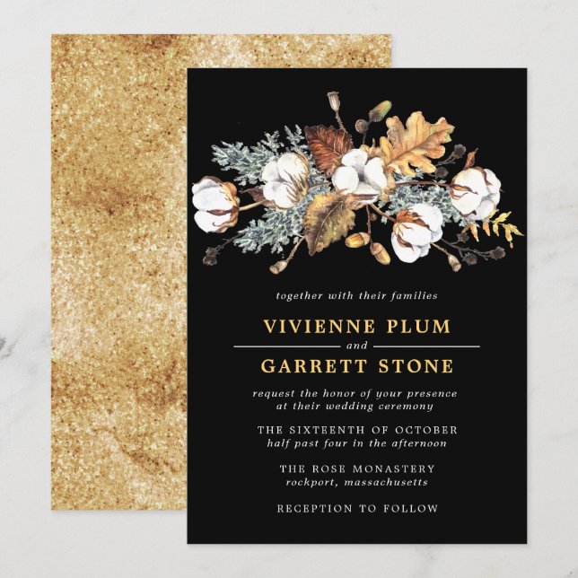 White Cotton Floral Gold Autumn Leaves Wedding Invitation (Front/Back)