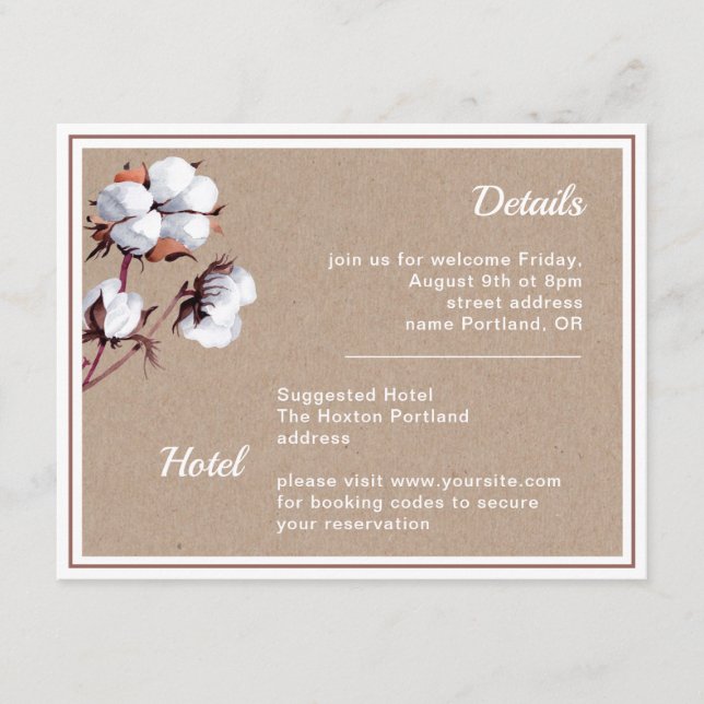 White cotton flowers Rustic modern wedding details Enclosure Card (Front)