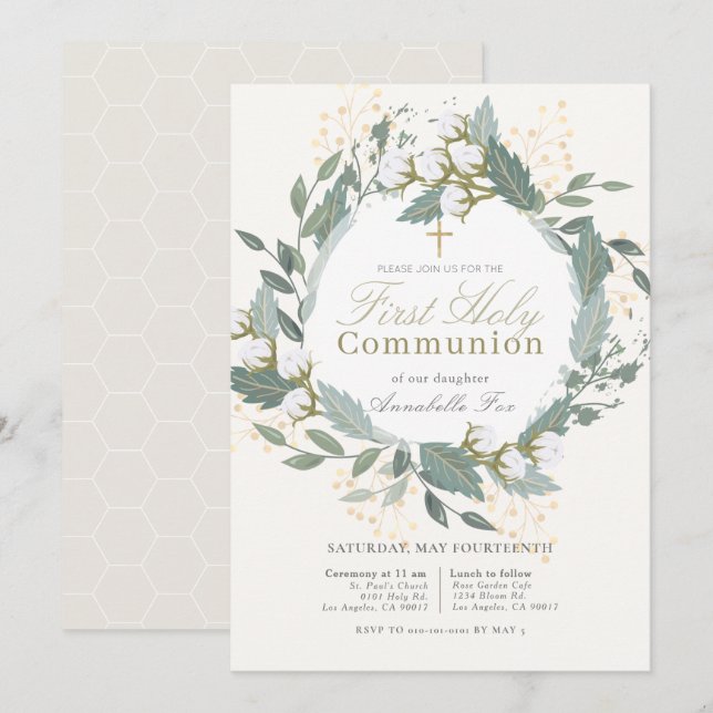 White Cotton Garden Wreath First Holy Communion Invitation (Front/Back)
