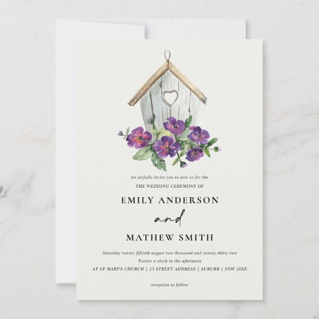 WHITE COUNTRY RUSTIC FLORAL BIRDHOUSE WEDDING INVITATION (Front)