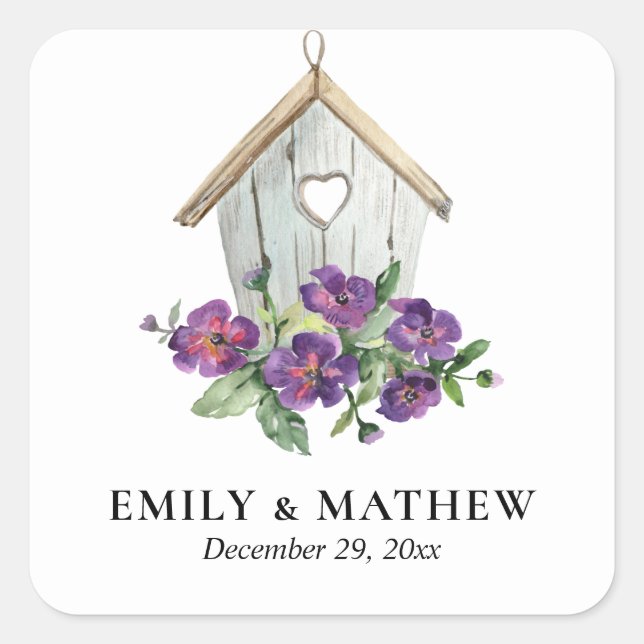 WHITE COUNTRY RUSTIC FLORAL BIRDHOUSE WEDDING SQUARE STICKER (Front)