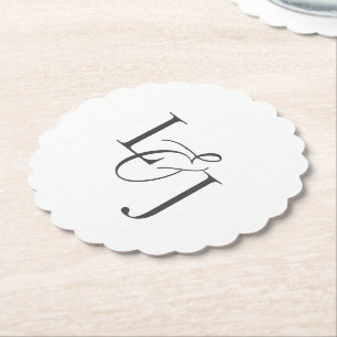 White Couple Initials Monogram Wedding Scalloped Paper Coaster