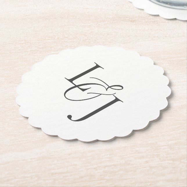 White Couple Initials Monogram Wedding Scalloped Paper Coaster (Angled)