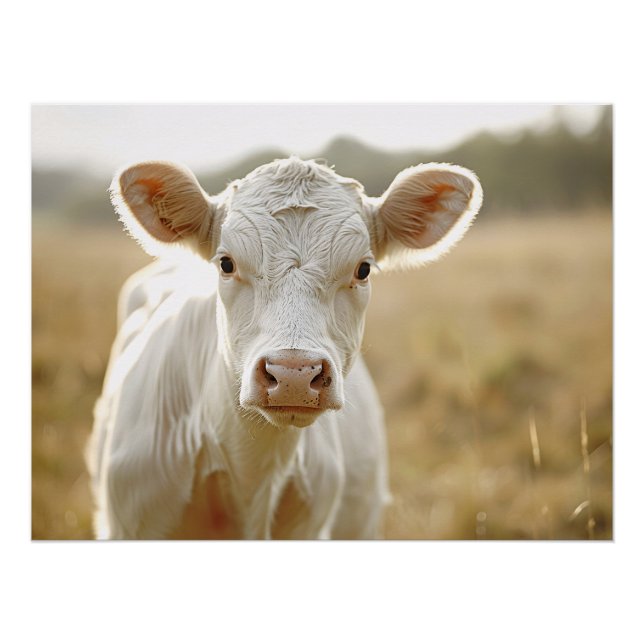 White Cow in Farm Field Poster (Front)