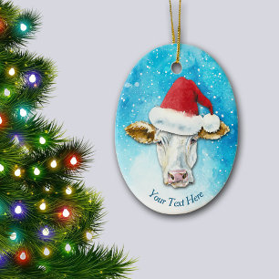White Cow Santa Hat Christmas Ceramic Tree Decoration