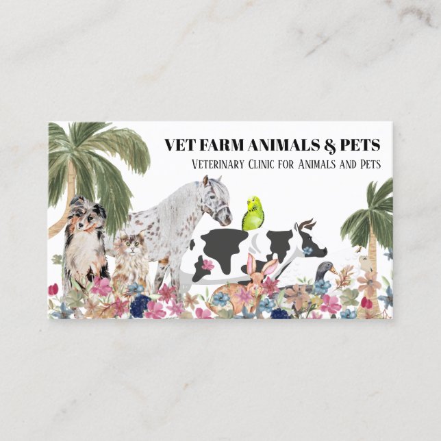 White Cow Sheep Dog Cat Bird Rabbit Duck Palm Business Card (Front)