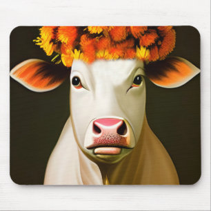White Cow with Autumn Floral Crown Portrait Mouse Mat