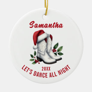 White Cowboy Boots Santa Hat Ornament