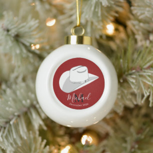 White cowboy hat ceramic ball christmas ornament