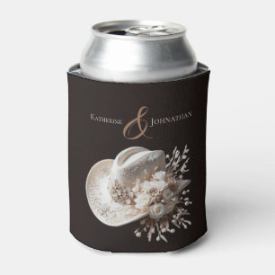 White Cowgirl Hat with Flowers Can Cooler