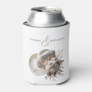 White Cowgirl Hat with Flowers Can Cooler
