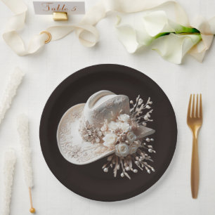 White Cowgirl Hat with Flowers Paper Plate
