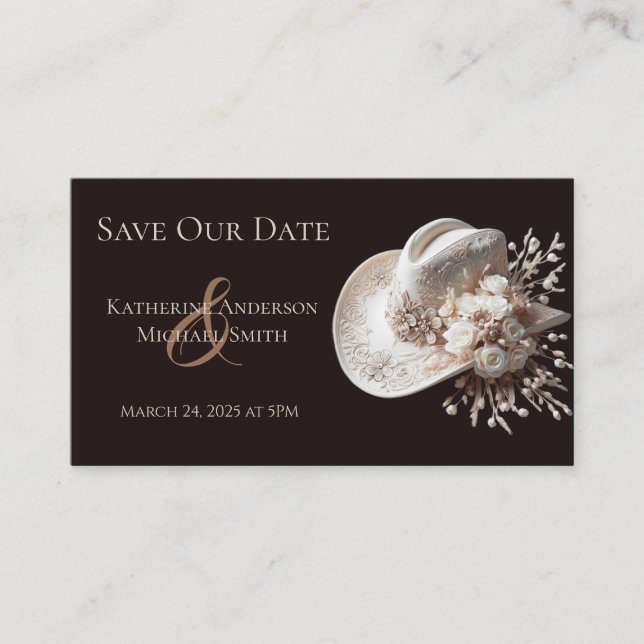 White Cowgirl Hat with Flowers Wedding  Business Card (Front)