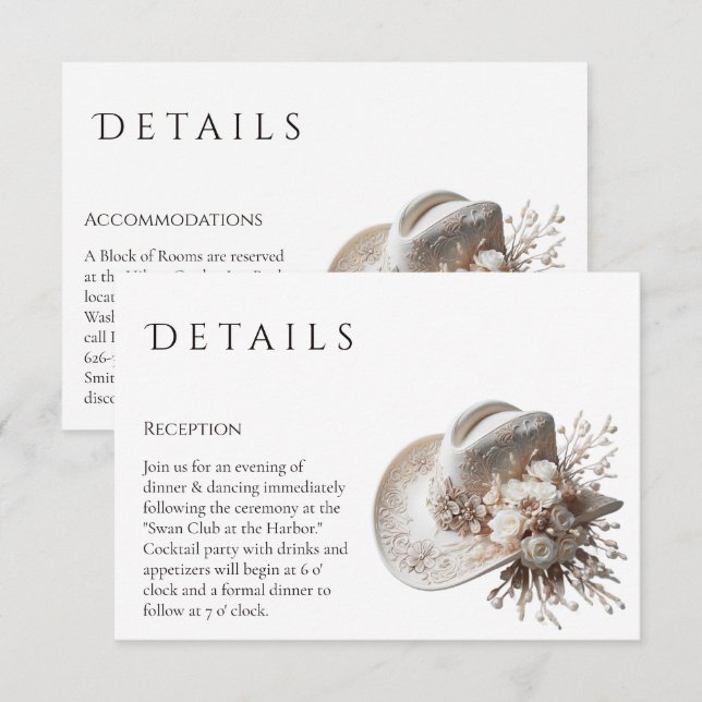 White Cowgirl Hat with Flowers Wedding Details Enclosure Card (Front/Back)