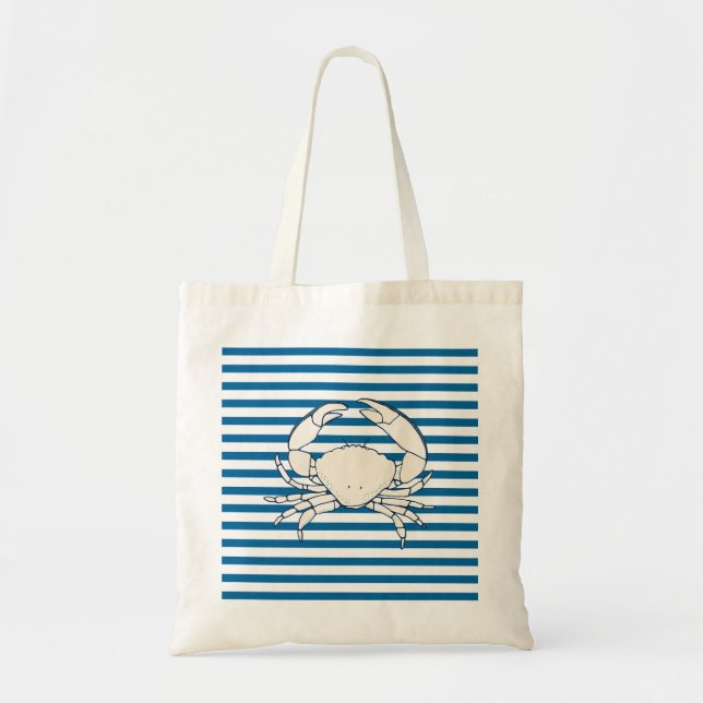 White Crab Blue and White Stripe Tote Bag (Front)